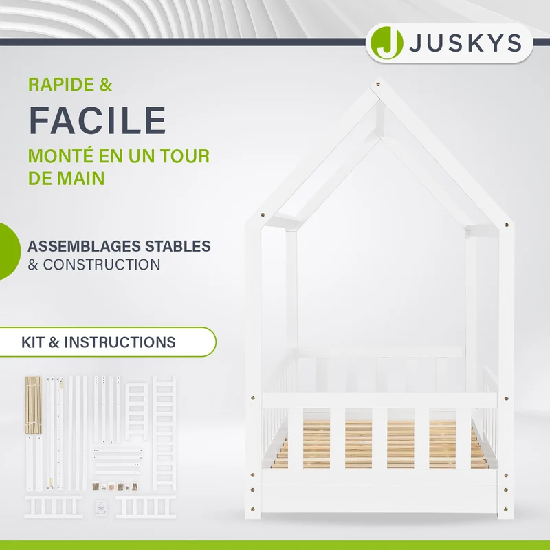 Lit enfant Marli 80 x 160 cm – lit cabane avec barrière et sommier à lattes