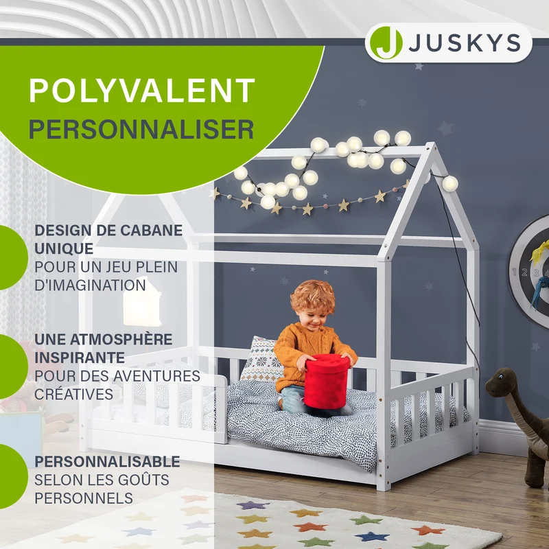 Lit enfant Marli 80 x 160 cm – lit cabane avec barrière et sommier à lattes