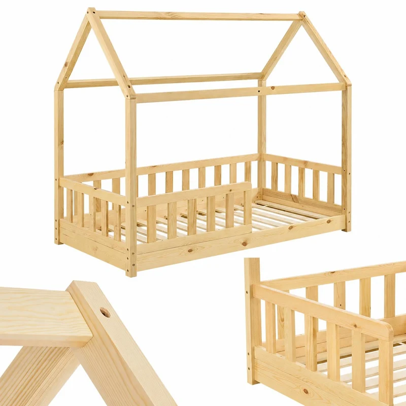 Lit enfant Marli 80 x 160 cm – lit cabane avec barrière et sommier à lattes