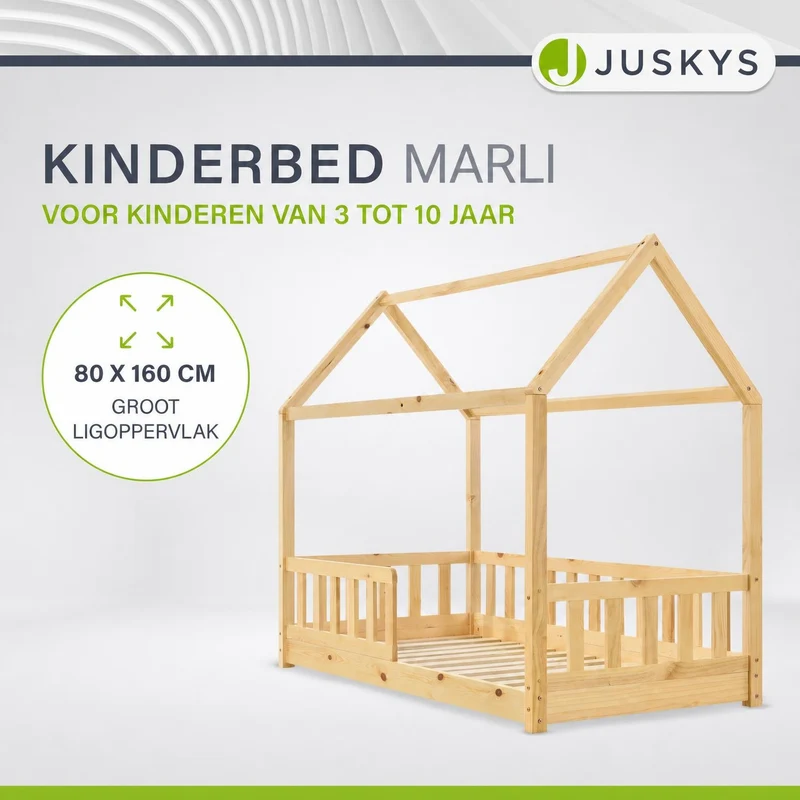 Lit enfant Marli 80 x 160 cm – lit cabane avec barrière et sommier à lattes