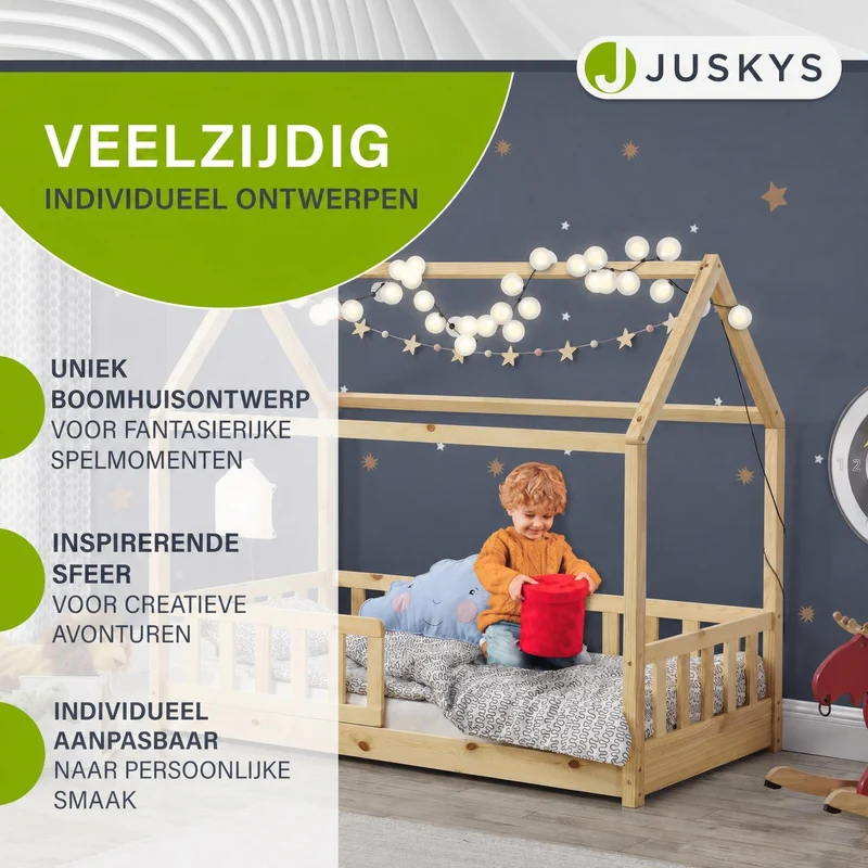 Lit enfant Marli 80 x 160 cm – lit cabane avec barrière et sommier à lattes