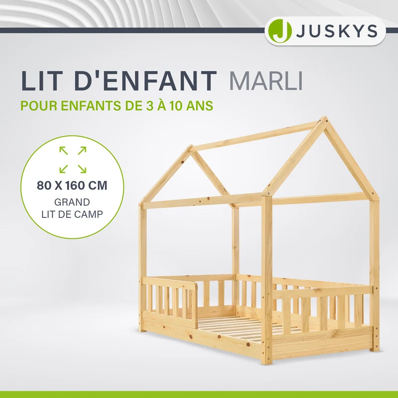 Lit enfant Marli 80 x 160 cm – lit cabane avec barrière et sommier à lattes