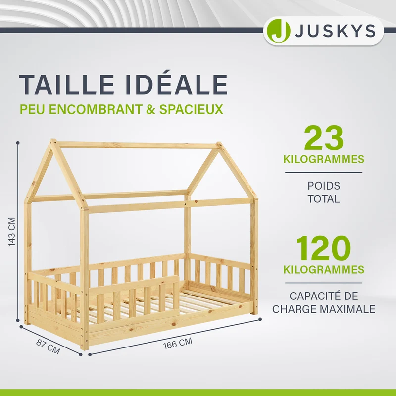 Lit enfant Marli 80 x 160 cm – lit cabane avec barrière et sommier à lattes