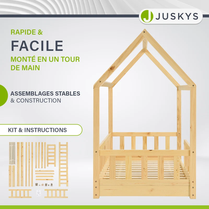 Lit enfant Marli 80 x 160 cm – lit cabane avec barrière et sommier à lattes