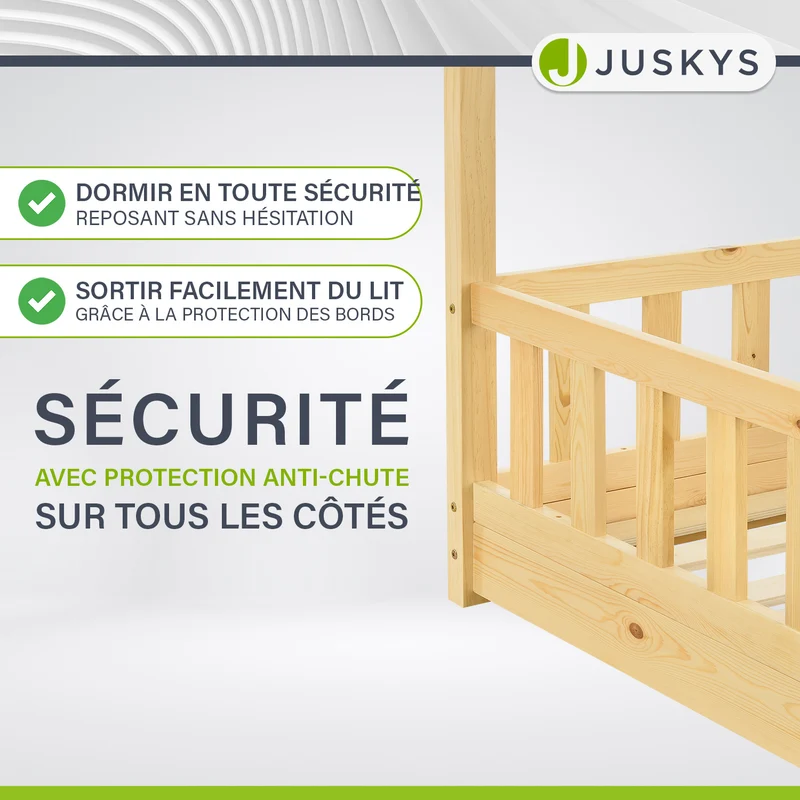 Lit enfant Marli 80 x 160 cm – lit cabane avec barrière et sommier à lattes