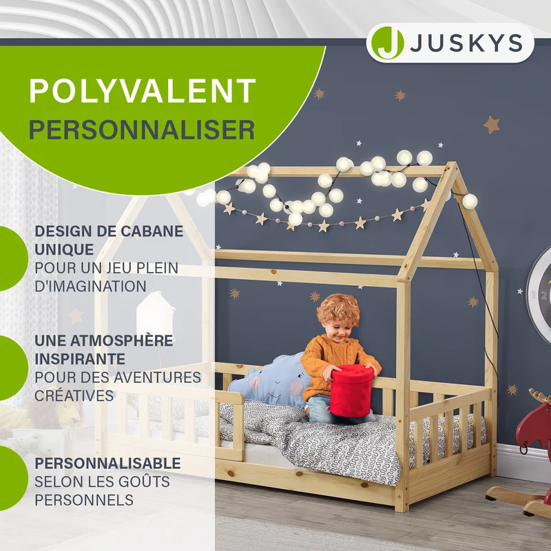 Lit enfant Marli 80 x 160 cm – lit cabane avec barrière et sommier à lattes