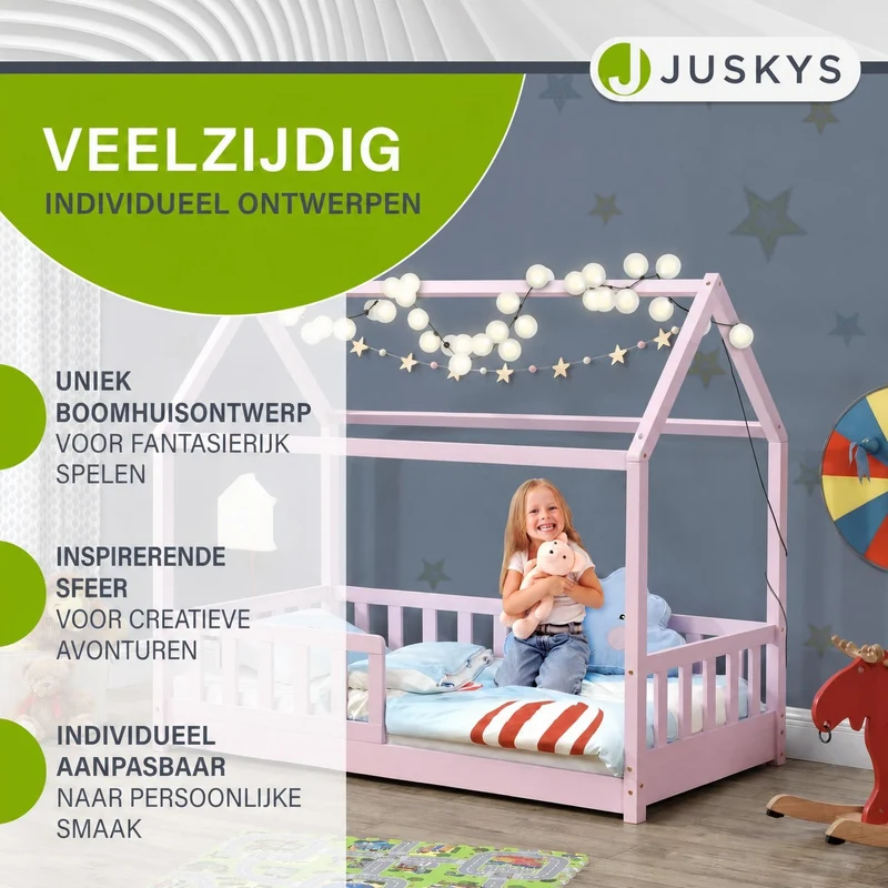 Lit enfant Marli 80 x 160 cm – lit cabane avec barrière et sommier à lattes