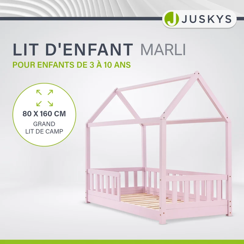 Lit enfant Marli 80 x 160 cm – lit cabane avec barrière et sommier à lattes