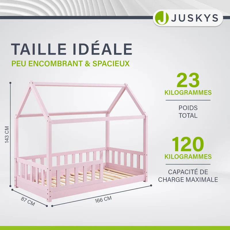 Lit enfant Marli 80 x 160 cm – lit cabane avec barrière et sommier à lattes
