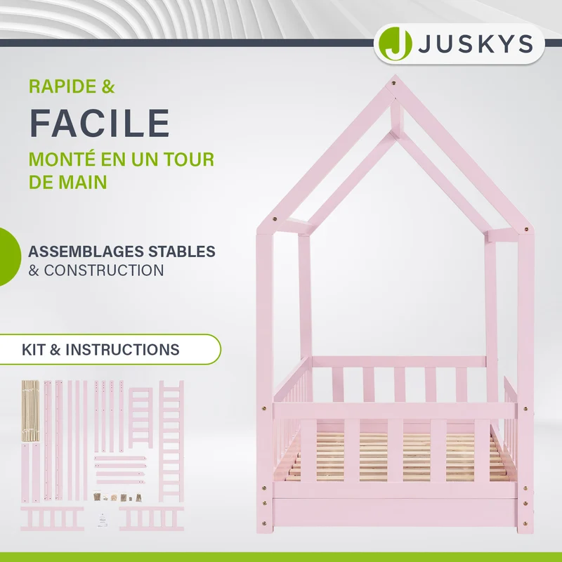 Lit enfant Marli 80 x 160 cm – lit cabane avec barrière et sommier à lattes