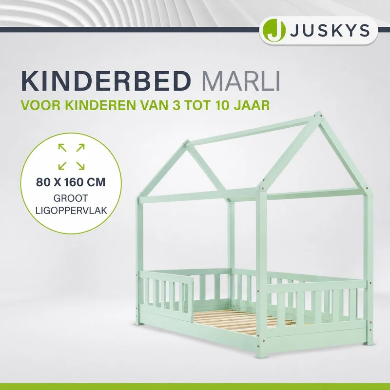 Lit enfant Marli 80 x 160 cm – lit cabane avec barrière et sommier à lattes