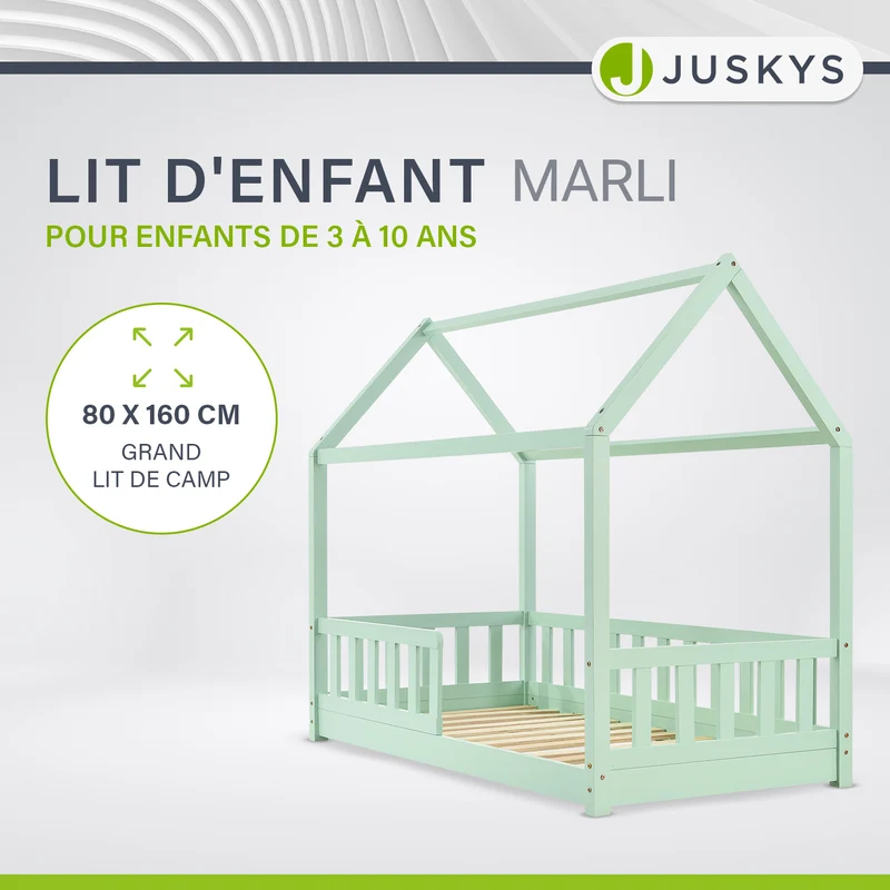 Lit enfant Marli 80 x 160 cm – lit cabane avec barrière et sommier à lattes