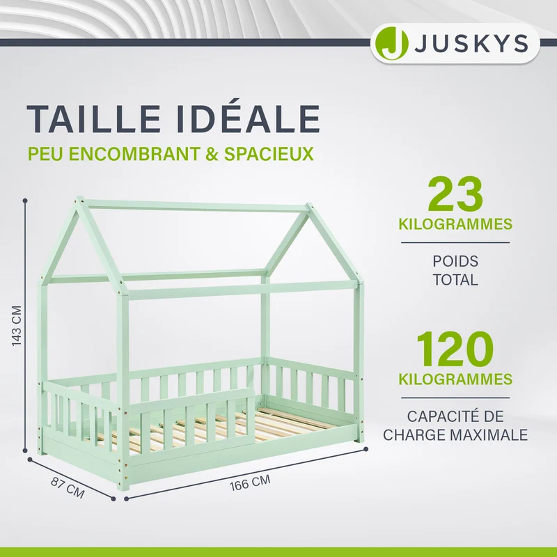 Lit enfant Marli 80 x 160 cm – lit cabane avec barrière et sommier à lattes