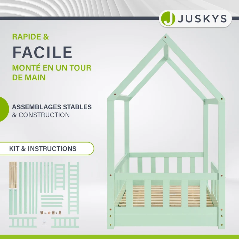 Lit enfant Marli 80 x 160 cm – lit cabane avec barrière et sommier à lattes