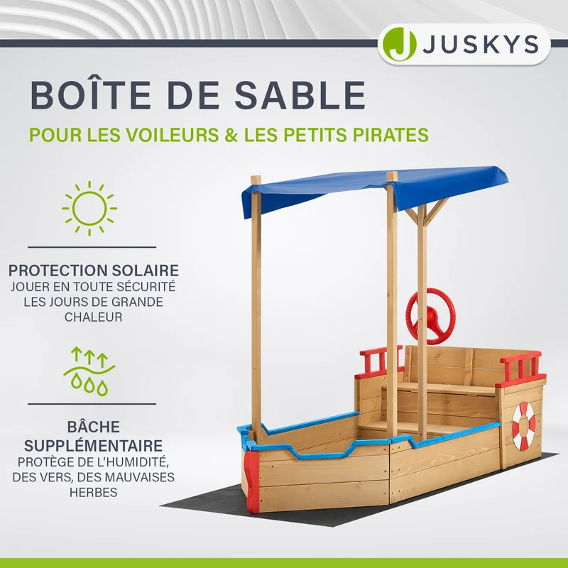 Bac à sable Käpt'n Pit – bateau pirate en bois – avec voile