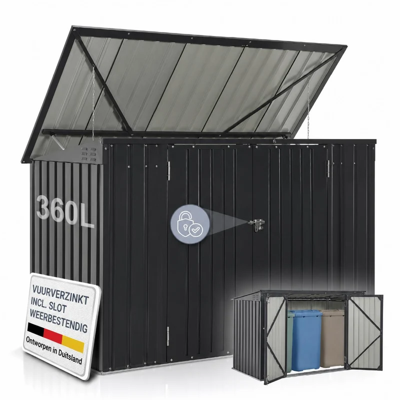 Cache-poubelle en métal Namur – 2 portes verrouillables, 1,9 m² – gris