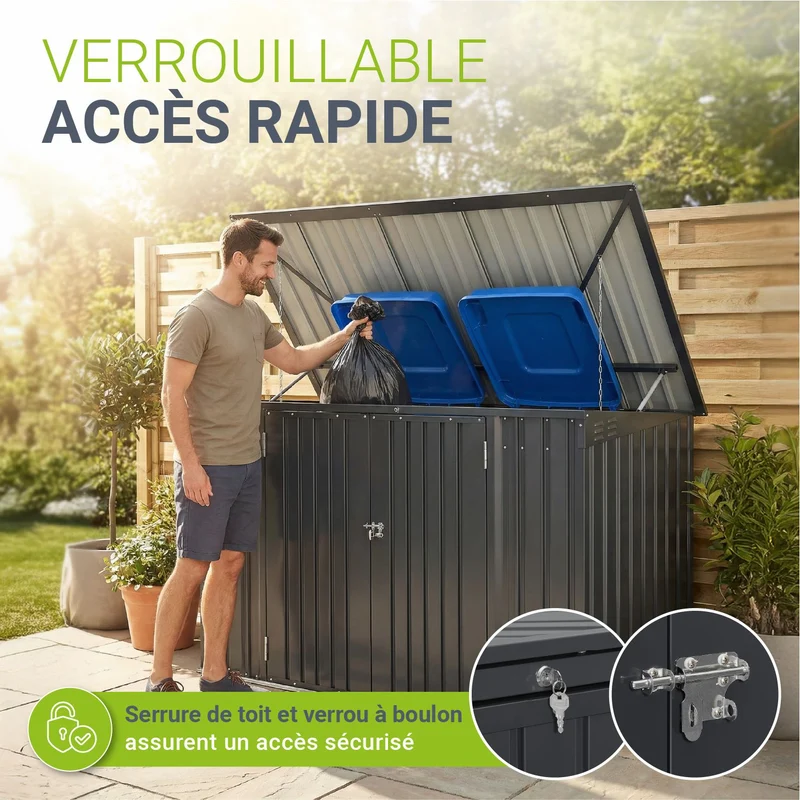 Cache-poubelle en métal Namur – 2 portes verrouillables, 1,9 m² – gris