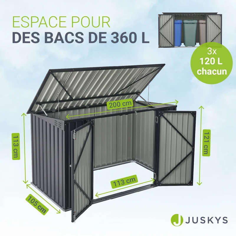Cache-poubelle en métal Namur – 2 portes verrouillables, 1,9 m² – gris