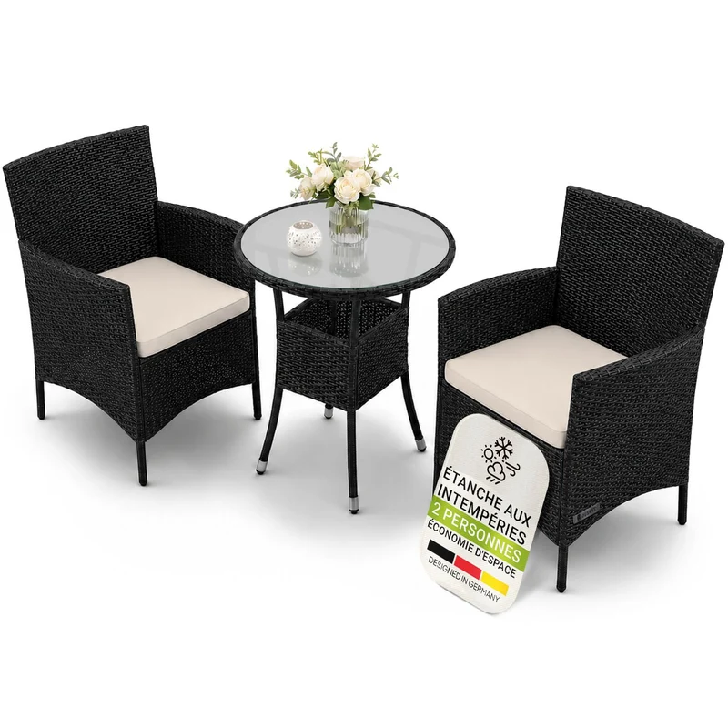 Salon de balcon en résine tressée Bayamo – 2 places – avec coussins