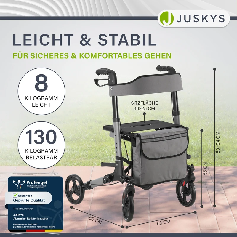 Déambulateur en aluminium Vital – pliable, avec siège et sac à provisions – jusqu'à 130 kg