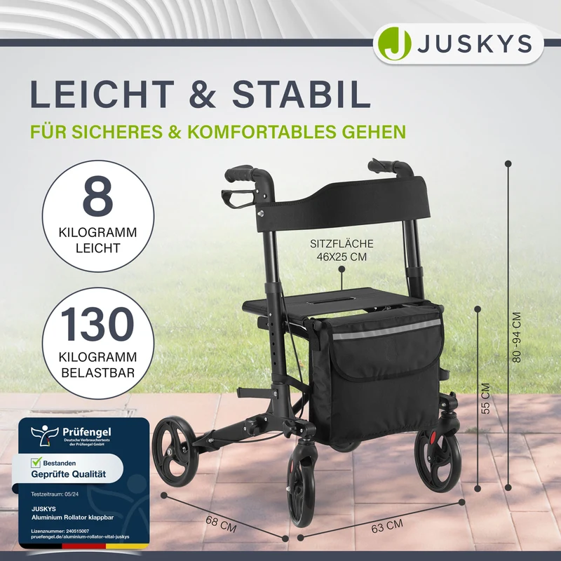 Déambulateur en aluminium Vital – pliable, avec siège et sac à provisions – jusqu'à 130 kg