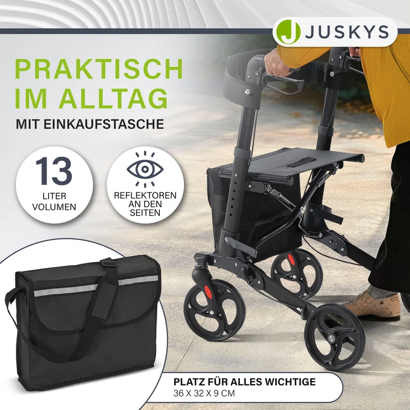 Déambulateur en aluminium Vital – pliable, avec siège et sac à provisions – jusqu'à 130 kg