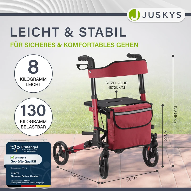 Déambulateur en aluminium Vital – pliable, avec siège et sac à provisions – jusqu'à 130 kg