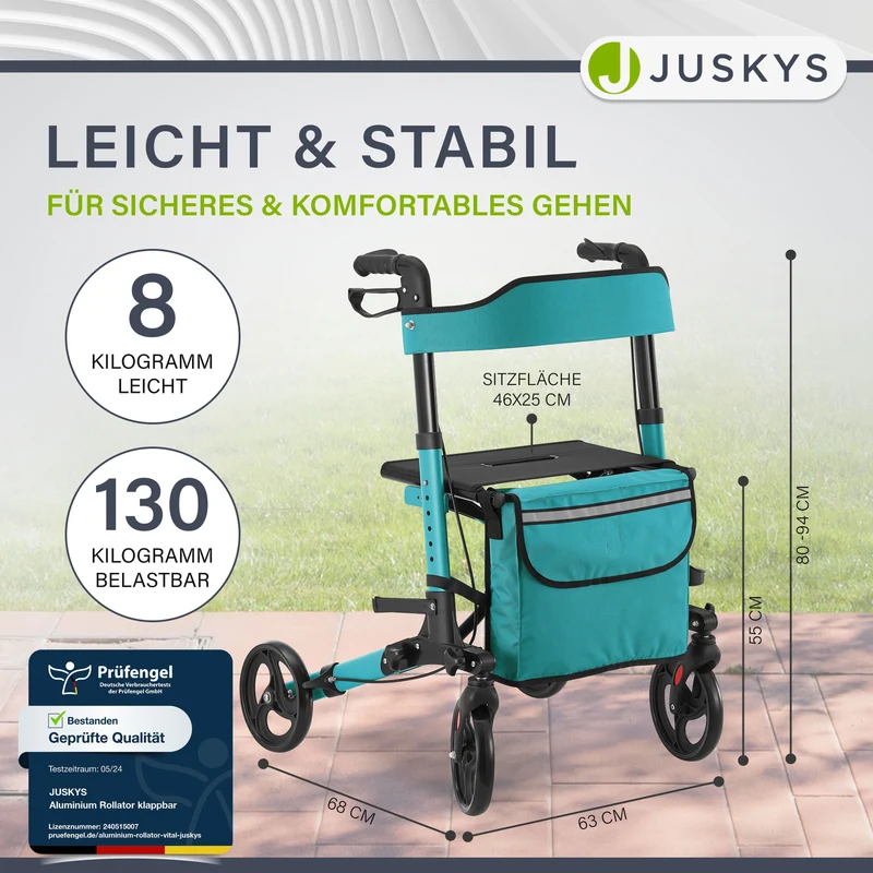 Déambulateur en aluminium Vital – pliable, avec siège et sac à provisions – jusqu'à 130 kg