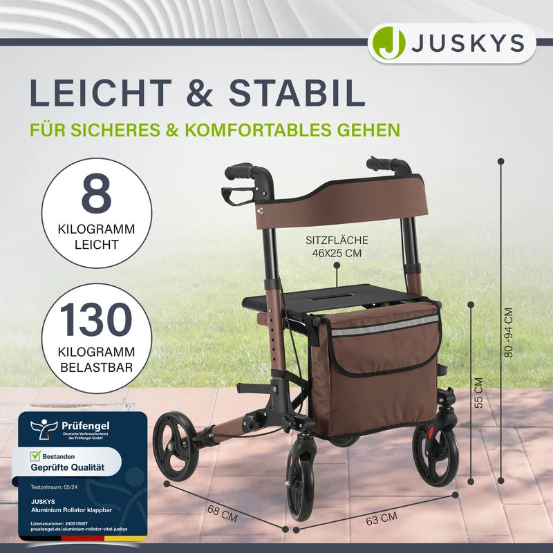 Déambulateur en aluminium Vital – pliable, avec siège et sac à provisions – jusqu'à 130 kg