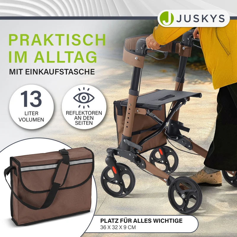 Déambulateur en aluminium Vital – pliable, avec siège et sac à provisions – jusqu'à 130 kg