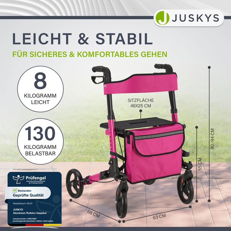 Déambulateur en aluminium Vital – pliable, avec siège et sac à provisions – jusqu'à 130 kg