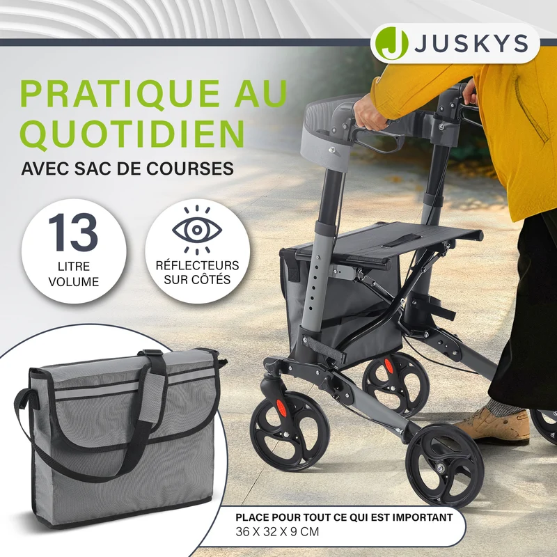 Déambulateur en aluminium Vital – pliable, avec siège et sac à provisions – jusqu'à 130 kg