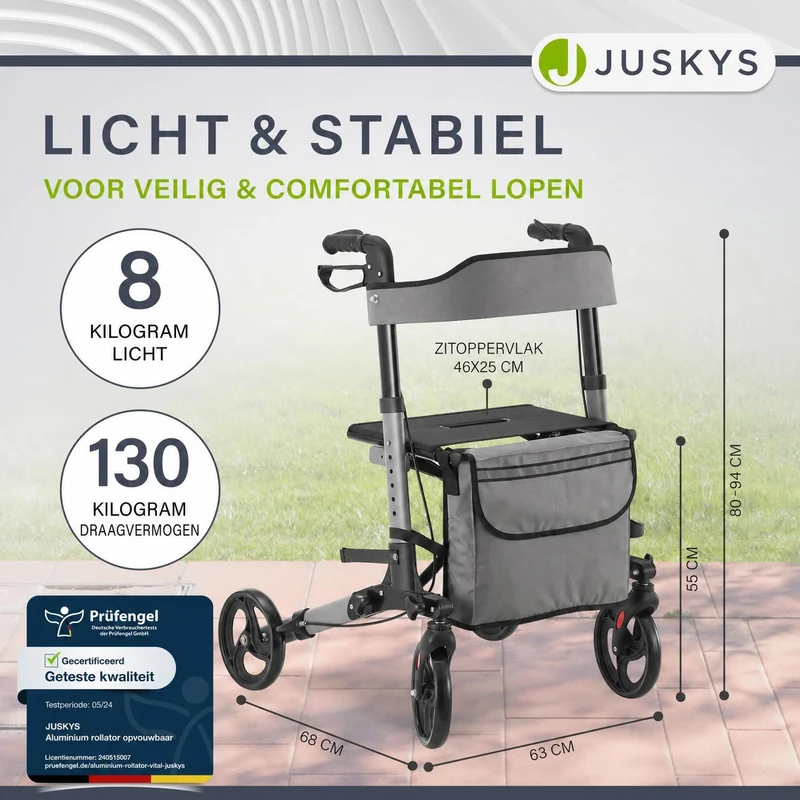 Déambulateur en aluminium Vital – pliable, avec siège et sac à provisions – jusqu'à 130 kg