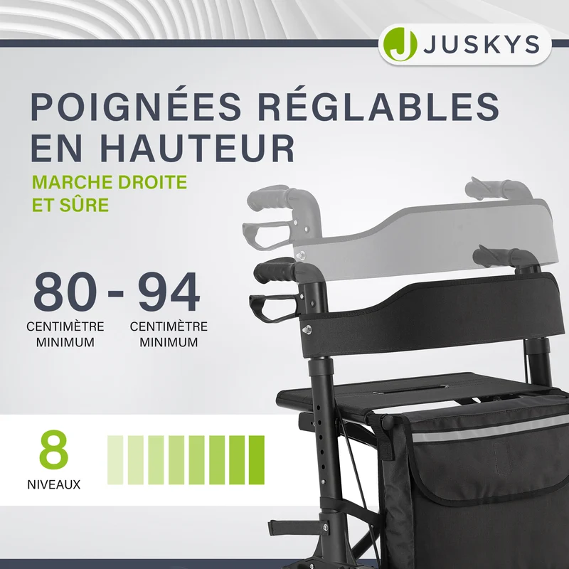Déambulateur en aluminium Vital – pliable, avec siège et sac à provisions – jusqu'à 130 kg