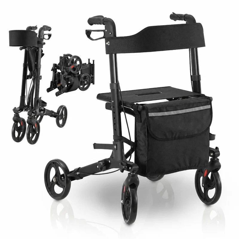 Déambulateur en aluminium Vital – pliable, avec siège et sac à provisions – jusqu'à 130 kg