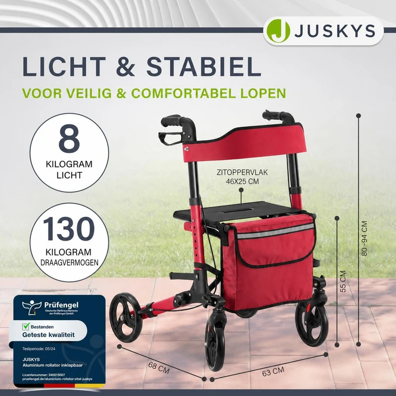 Déambulateur en aluminium Vital – pliable, avec siège et sac à provisions – jusqu'à 130 kg
