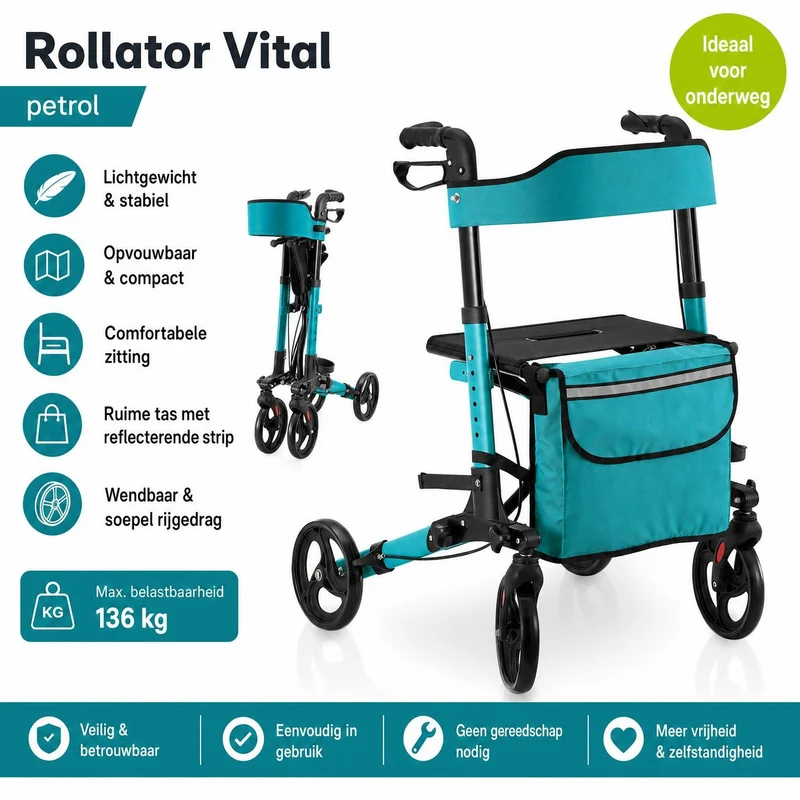 Déambulateur en aluminium Vital – pliable, avec siège et sac à provisions – jusqu'à 130 kg