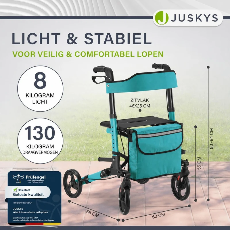 Déambulateur en aluminium Vital – pliable, avec siège et sac à provisions – jusqu'à 130 kg