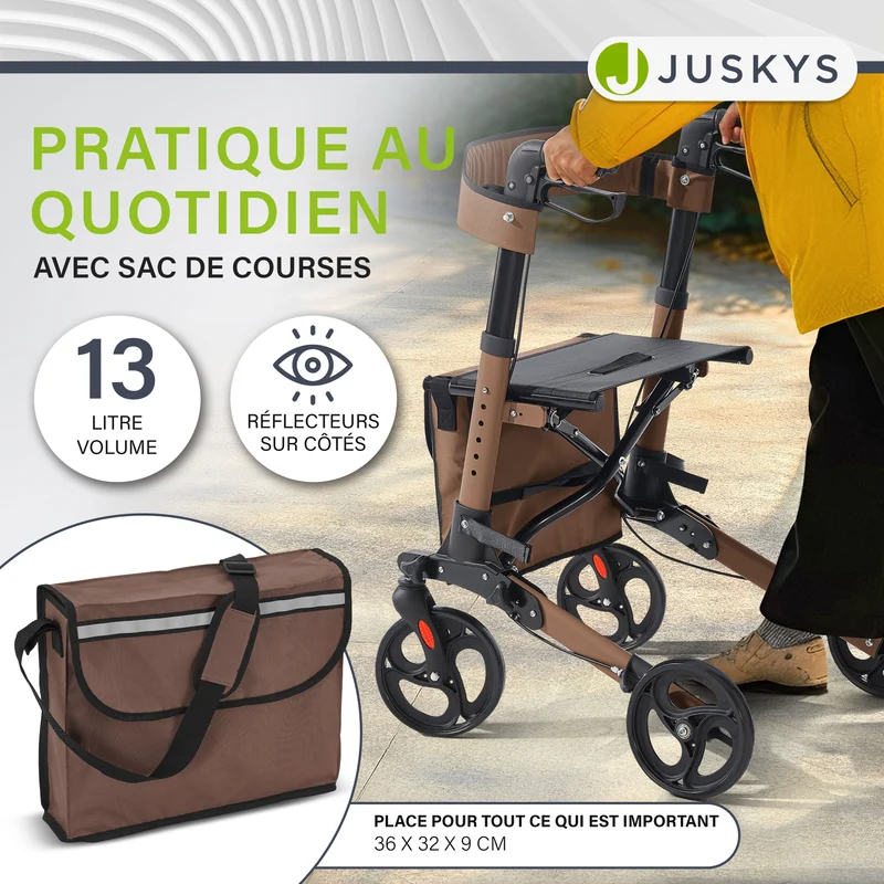 Déambulateur en aluminium Vital – pliable, avec siège et sac à provisions – jusqu'à 130 kg