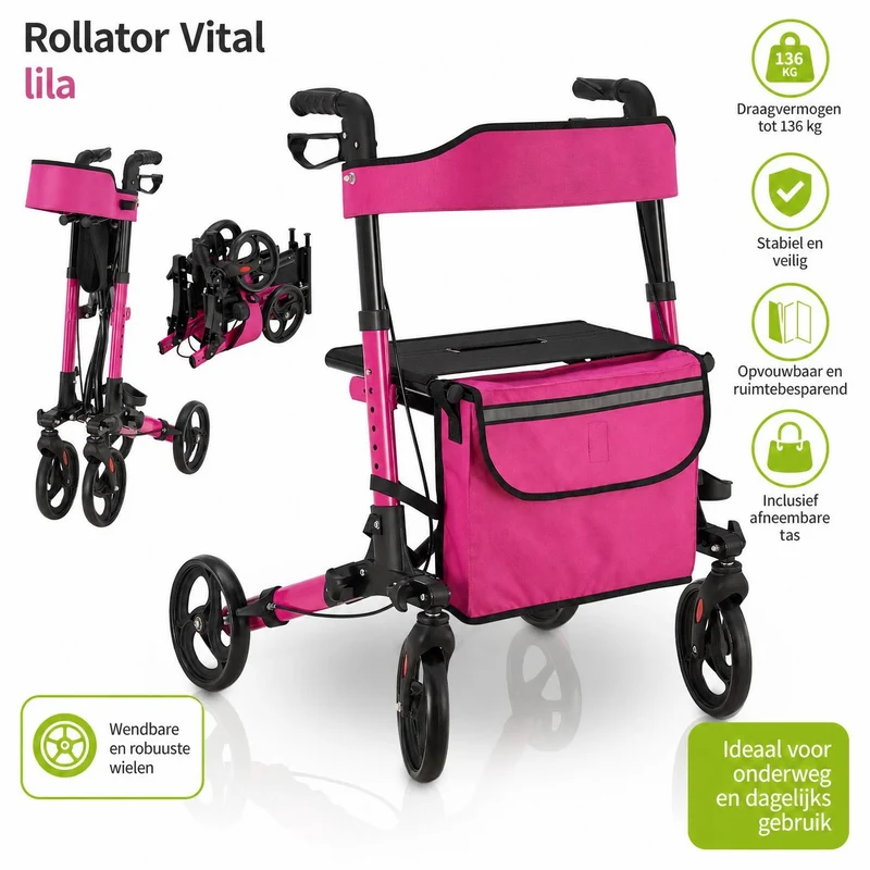 Déambulateur en aluminium Vital – pliable, avec siège et sac à provisions – jusqu'à 130 kg