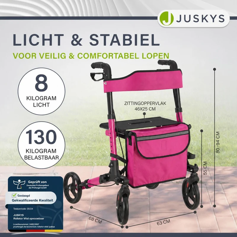 Déambulateur en aluminium Vital – pliable, avec siège et sac à provisions – jusqu'à 130 kg