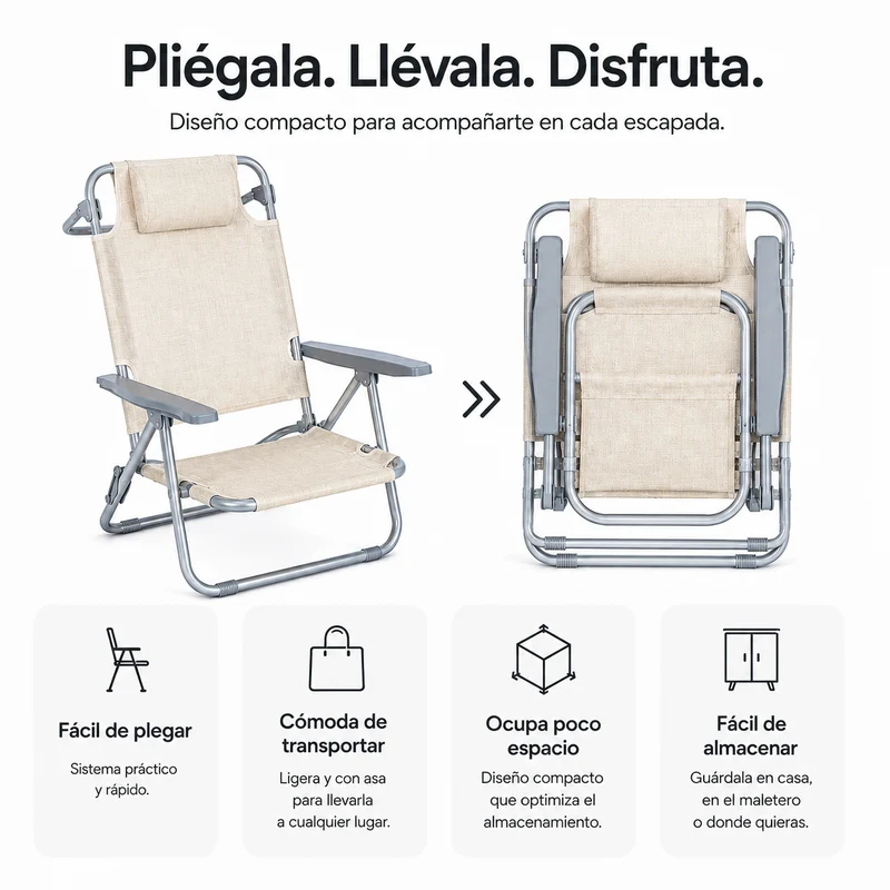 Pack 2 Sillas Plegables Reclinable Con Reposacabezas Portátil