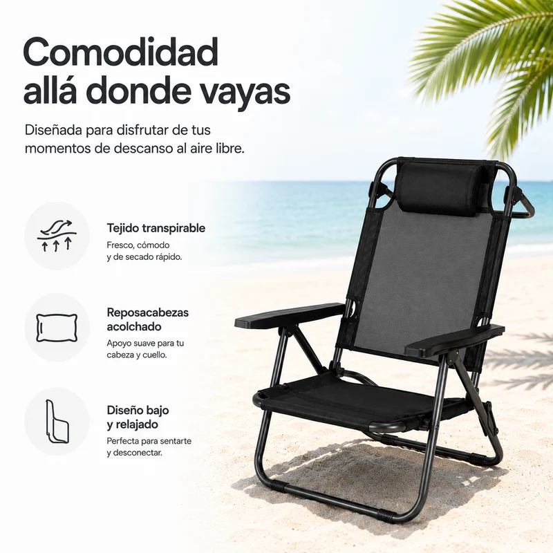 Pack 4 Sillas Plegables Bajas Para Playa Y Camping Con Reposacabezas Acolchado