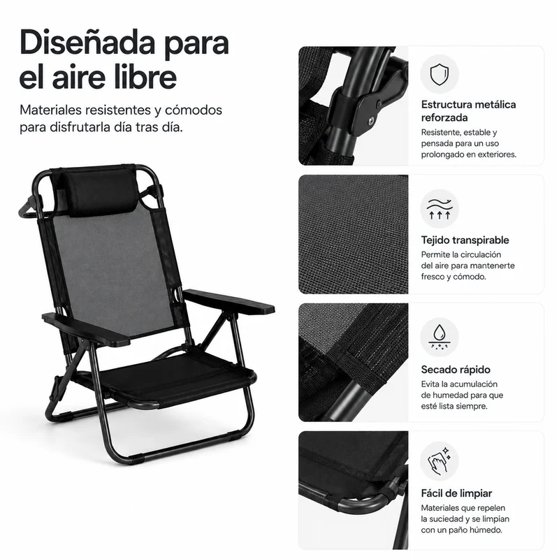 Pack 4 Sillas Plegables Bajas Para Playa Y Camping Con Reposacabezas Acolchado