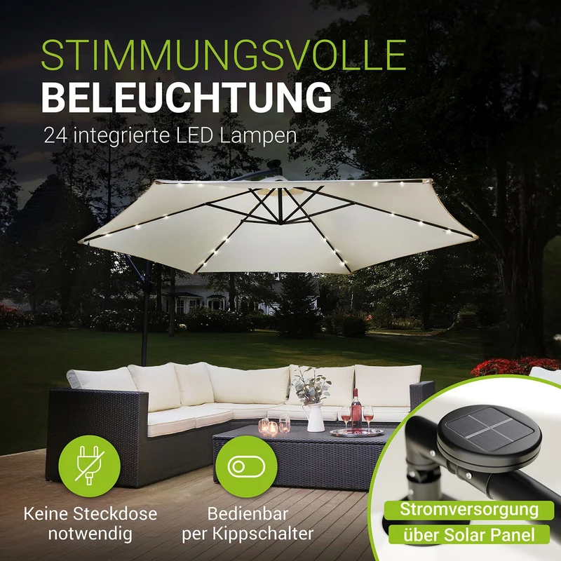 Parasol déporté à LED Brazil – avec manivelle et socle