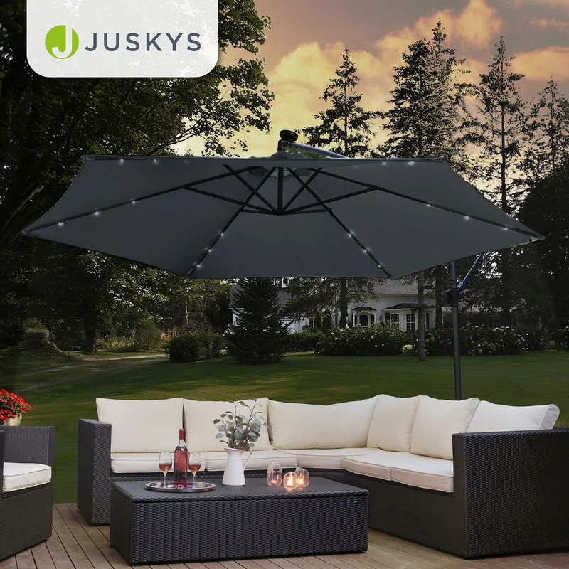 Parasol déporté à LED Brazil – avec manivelle et socle