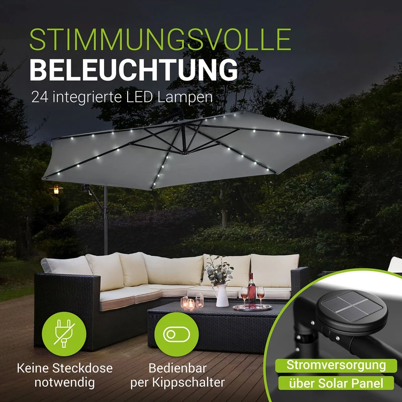 Parasol déporté à LED Brazil – avec manivelle et socle