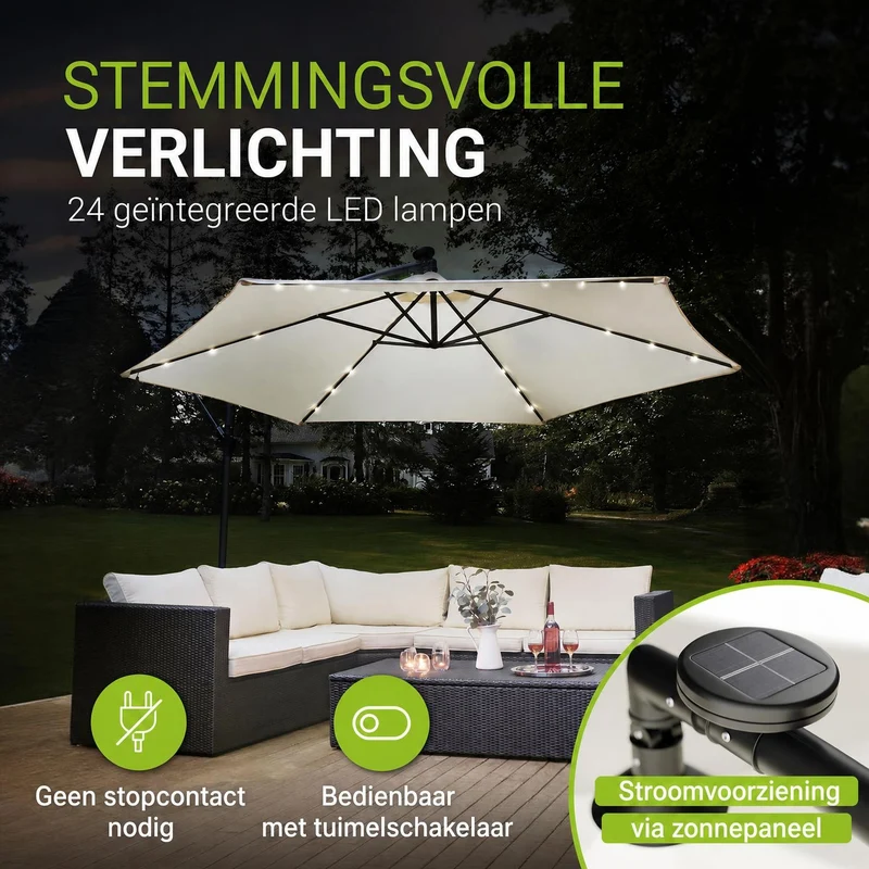 Parasol déporté à LED Brazil – avec manivelle et socle