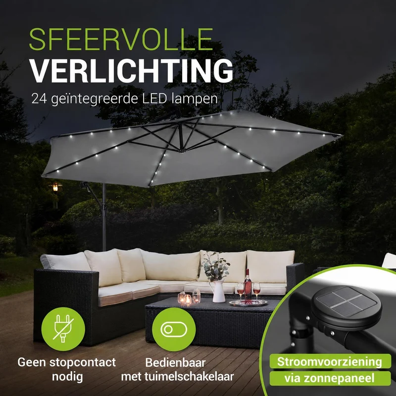 Parasol déporté à LED Brazil – avec manivelle et socle
