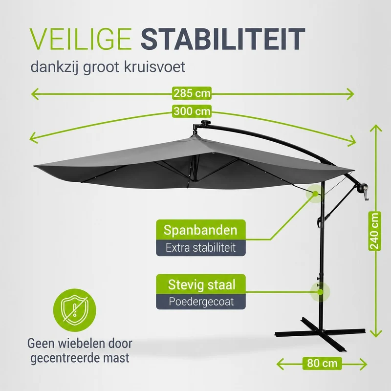 Parasol déporté à LED Brazil – avec manivelle et socle